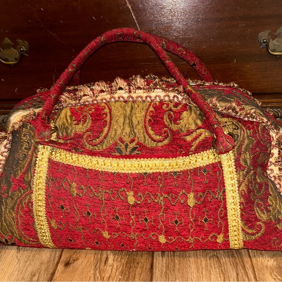 Tapestry Travel Bag Large Burgandy Embroidered Gold Boho Fringed Trim With Strap - Picture 1 of 12
